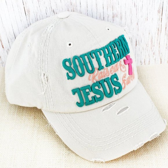 Ball Cap. "Southern Raised & Jesus Saved" Embroidered. Ecru/Multi. - Picture 2 of 3